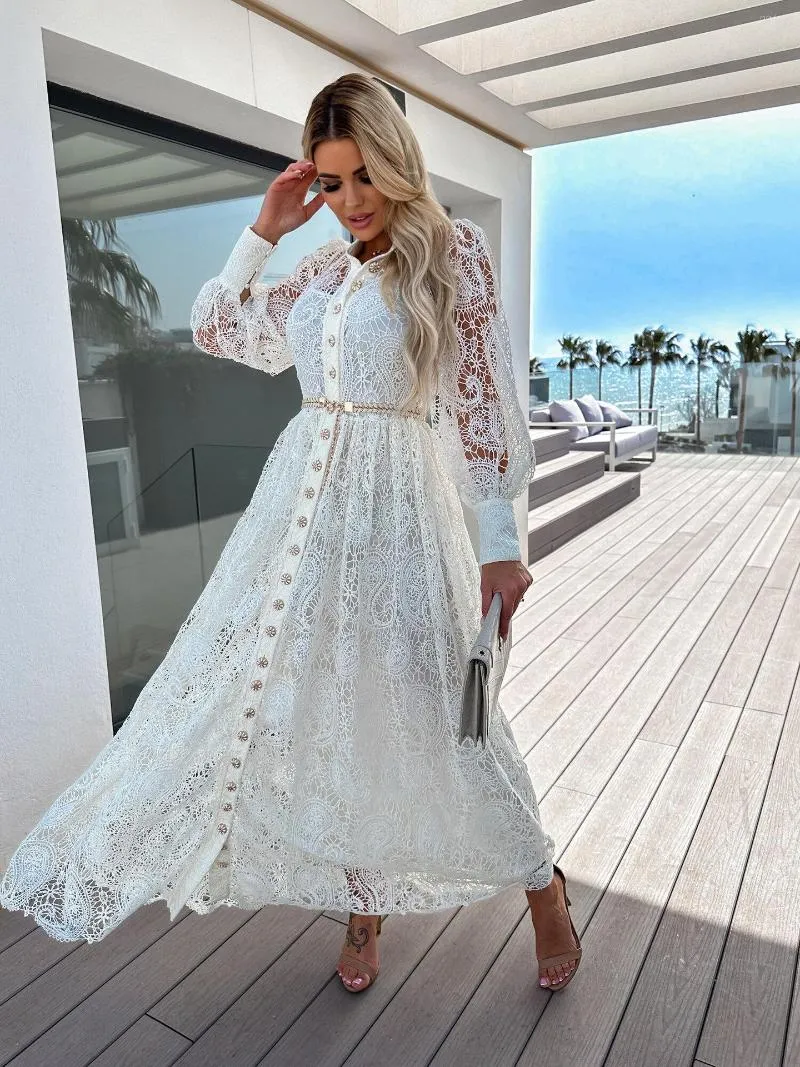 Casual Dresses 2023 Summer Elegant Women's Dress Fashion Lace Hollow Out Mångsidig up pendlare Ins Style Long Shirt