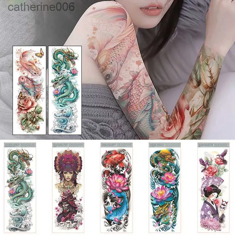 Tattoos Colored Drawing Stickers Colorful Temporary Tattoo Women Peony Fish Tattoo Body Leg Thigh Full Arm Sleeve Tattoo Stickers Sexy Waterproof Big SizeL231128