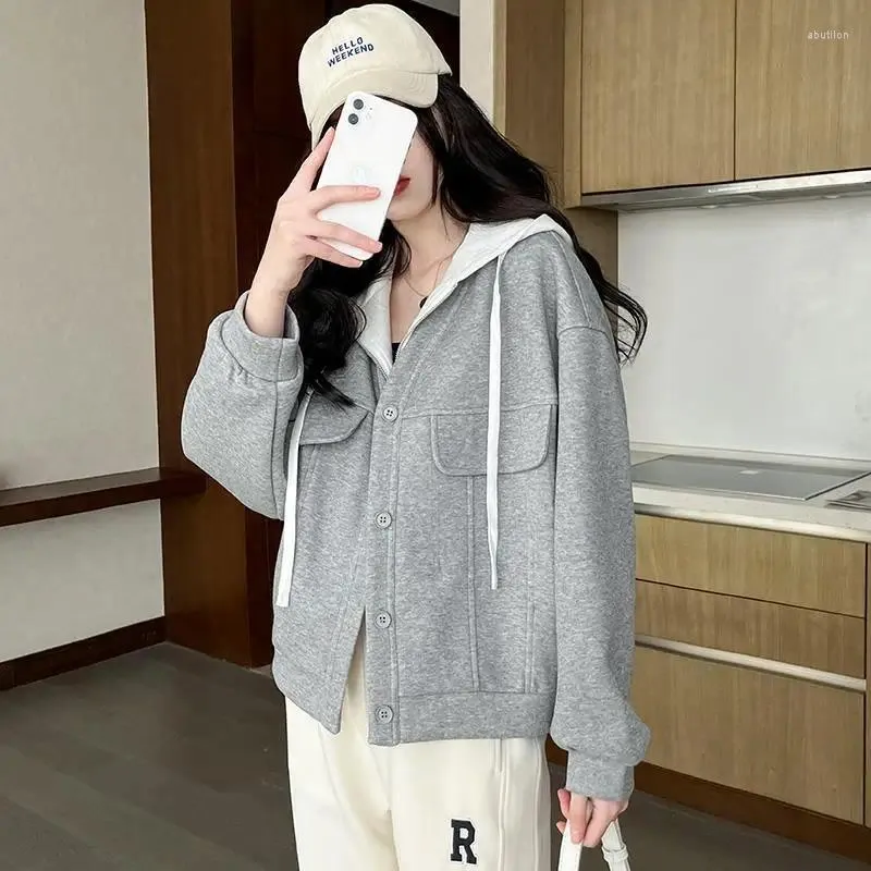 Kvinnors jackor grå sportkläder hösten vinterrock kort 2023 koreansk version lös huva dragkedja cardigan