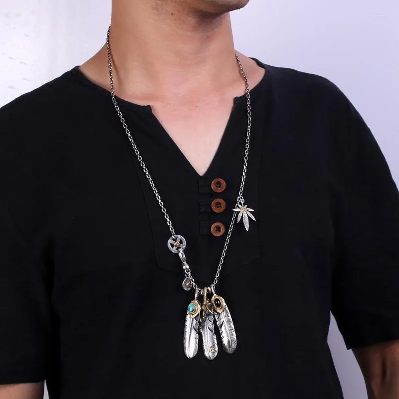 Pendant Necklaces SR Takahashi Goro Style Natural Turquoise Feather Necklace Women's Men's Too Angle Chain Set Sweater Couple