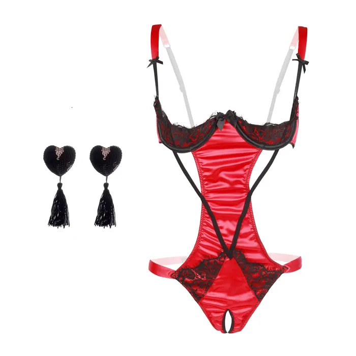 Sexy Open Cup Teddy Lingerie Set For Women Black And Red_voghion.com