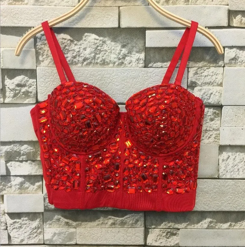 Camis Unico strass rosso Gaga Bustier Perle Diamante Push Up Night Club Bralette Reggiseno da donna Top Vest moda w1172