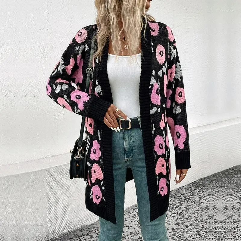 Women's Knits Autumn And Winter Cardigan Flower Pattern Hollow Screw Thread Lantern Long Sleeve Sweaters Knitwear Coat Fashion Tops