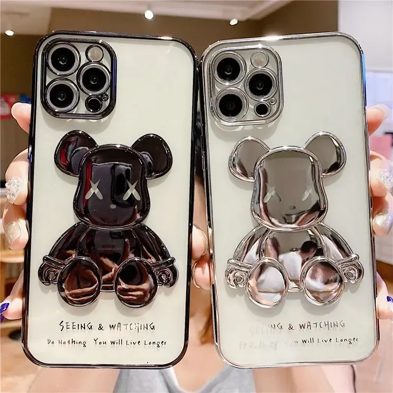 Ny lyxig 3D -plätering Violent Bear Phone Case för iPhone 14 13 Pro Max 12 11 Tecknad transparent TPU -stötsäker täckning ZZ