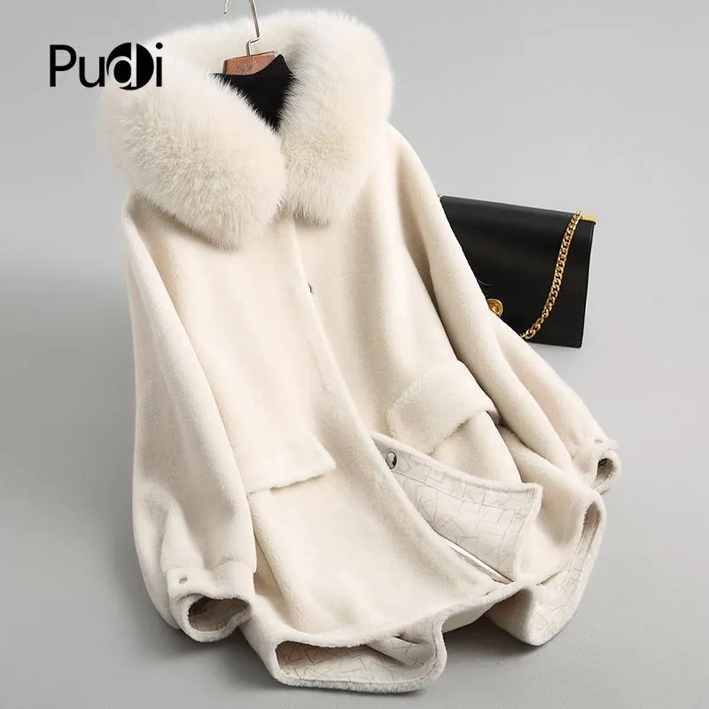 Fur PUDI Women's Winter Warm Genuine Wool Fur With Real Fox Collar Coat Lady Coat Jacket Over Size Parka Plus Size A18053