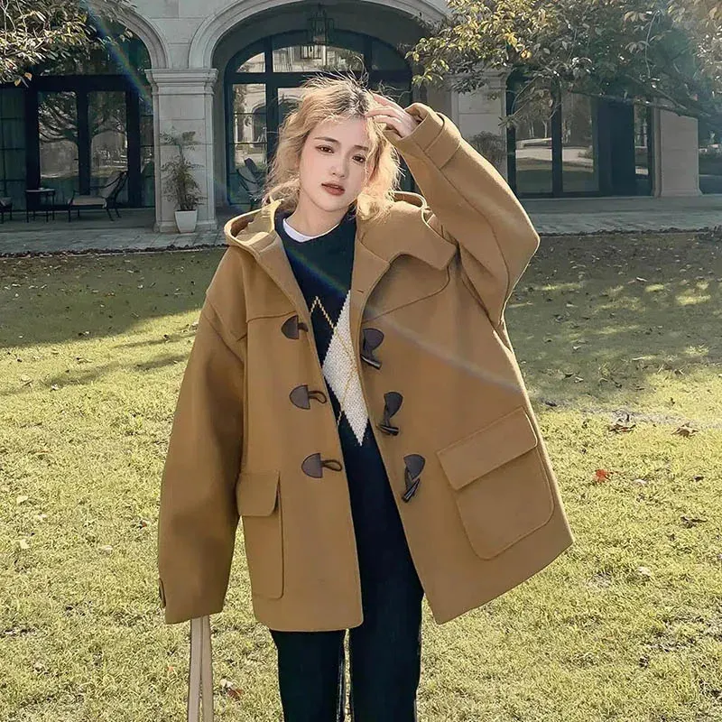 Elegant Womens Wool Coat: Korean Fashion Hooded Wool Blend Jacket