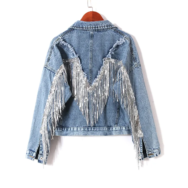 Retro Washed Denim Jackets For Women, Sequins Embellished Fringed