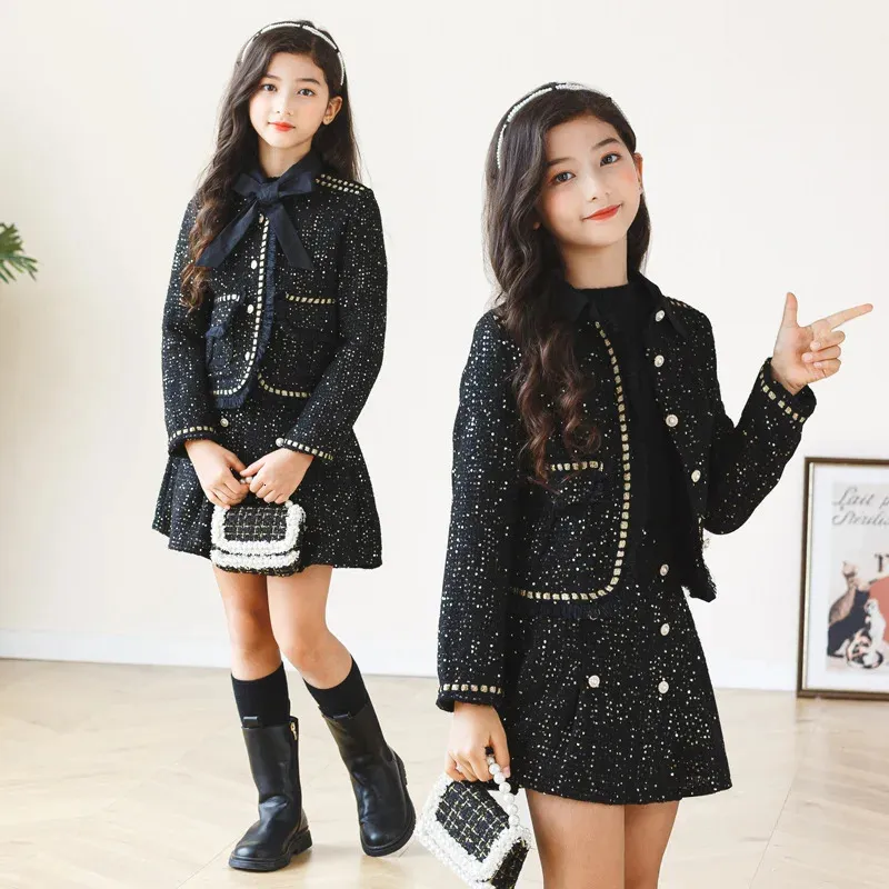 Clothing Sets Girls Princess Dress Kids Little Fragrant Coat Half Length Skirt Two Piece Teenager Show Party Child Sequins 6 16 Y 231128