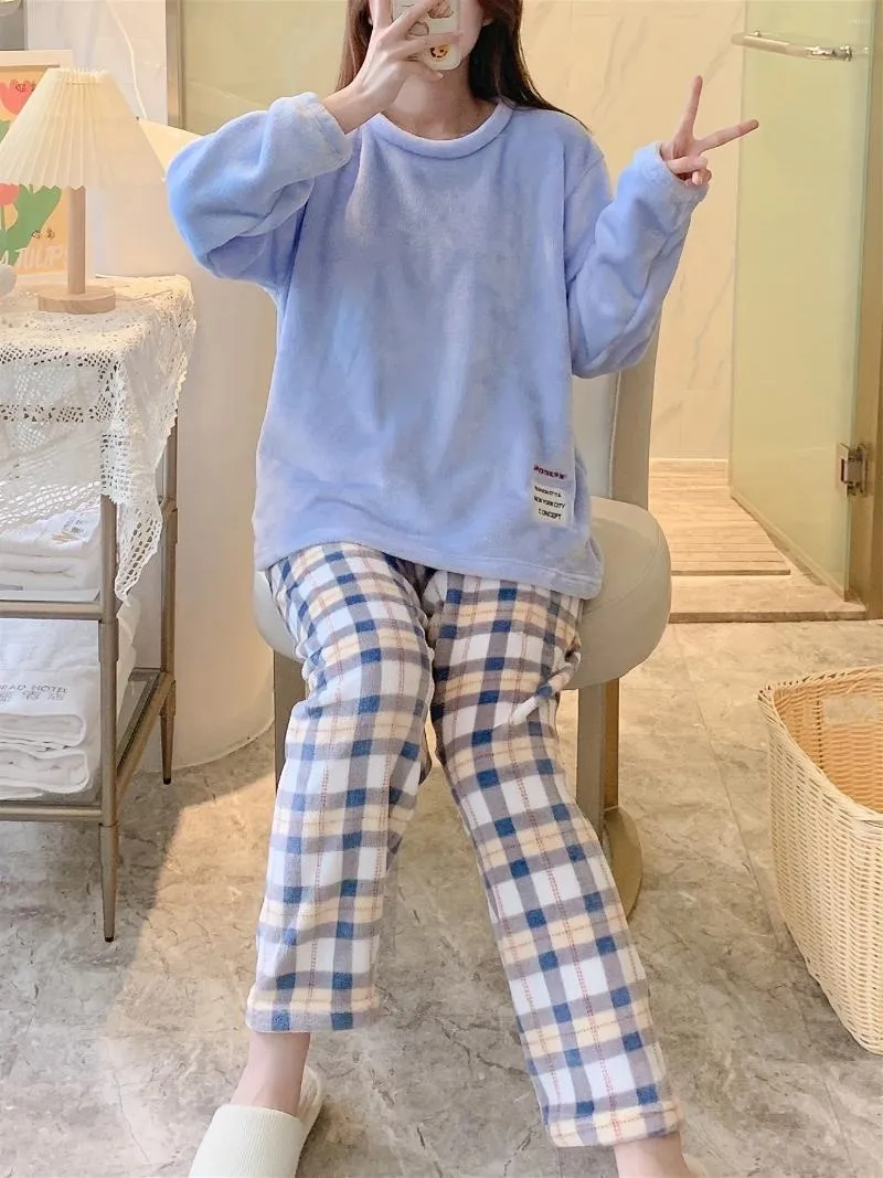 Womens Sleepwear Plaid Print Fuzzy Pajama Set Long Sleeve Crew