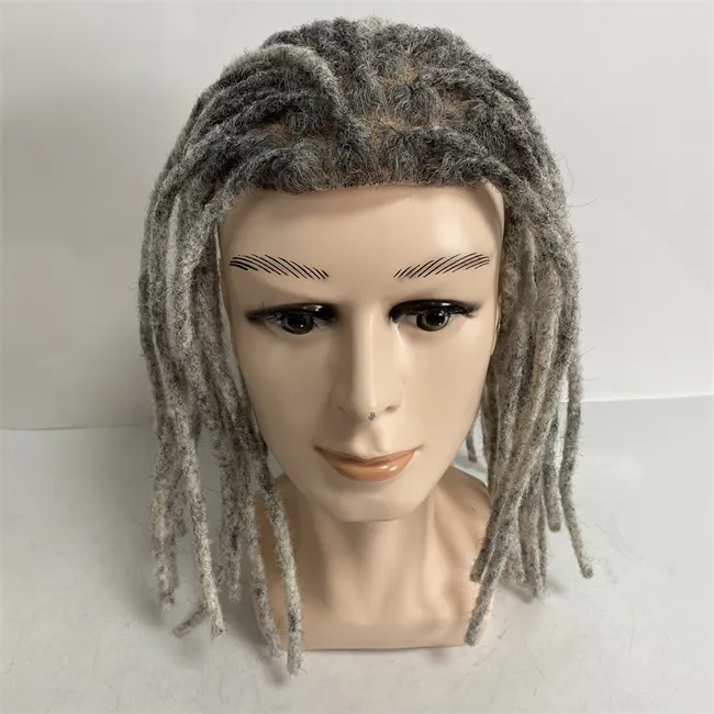 16 pouces de remplacement de cheveux humains vierges indiens 7x9 gris Dreadlocks Mono Toupee pour hommes noirs