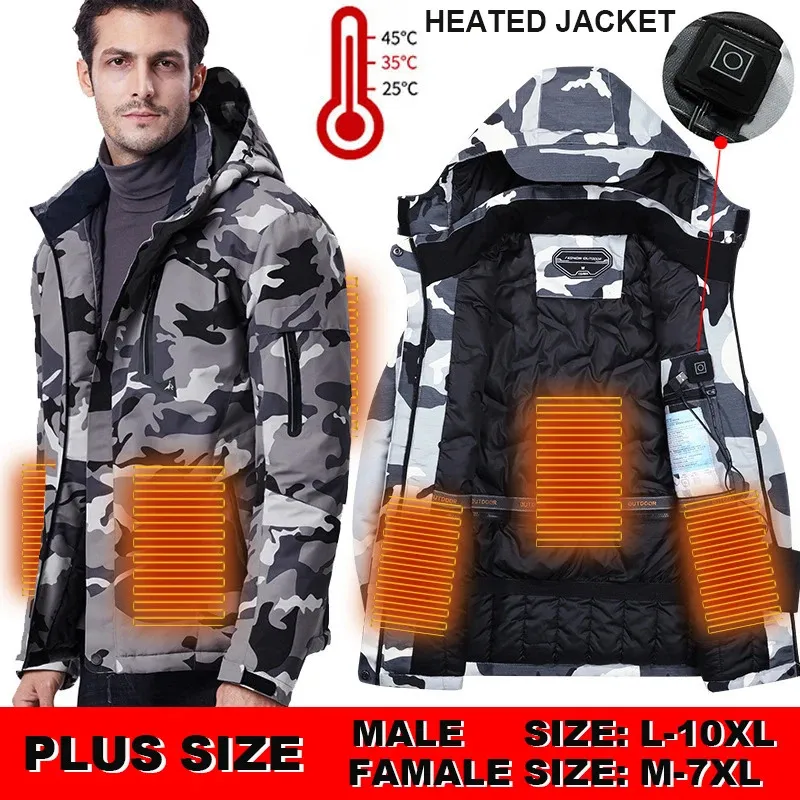 Men's Down Parkas Hunting Jackets Women Heated Jackets Men Waterproof USB Heating Hooded Jackets Windbreaker Electric Heated Clothes 6XL 8XL 10XL 231128