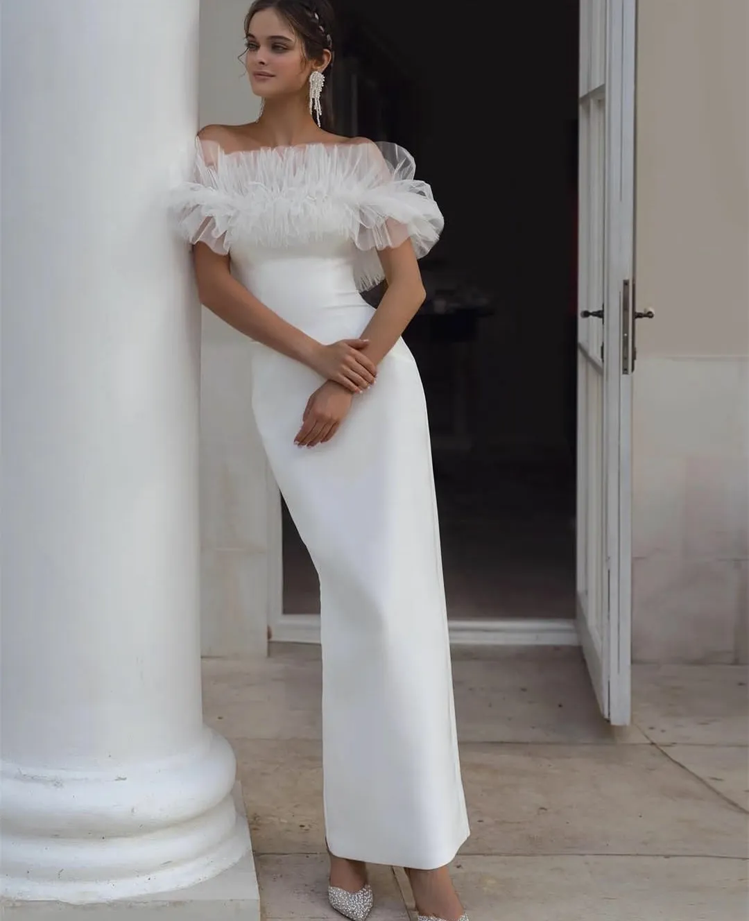 Elegant Ivory Crepe Wedding Dresses Bateau Neck Sheath Ankle Length ...