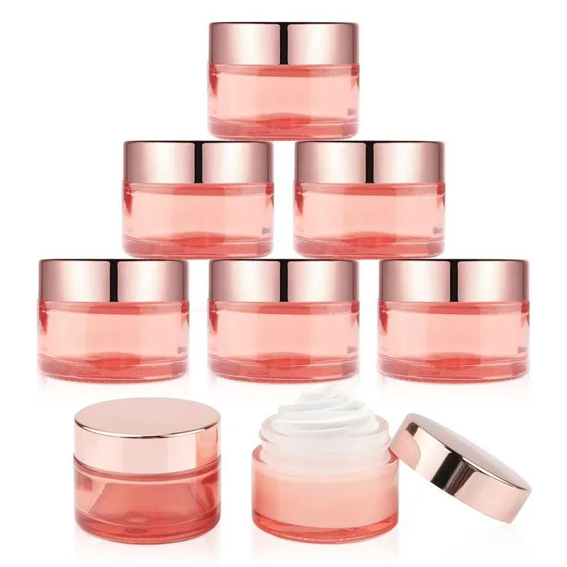 Pink Glass Cosmetic Cream Jar with Rose Gold Lid 5g 10g 15g 20g 30g 50g 60g 100g Makeup Cream Jar Travel Sample Container Bottles with Snlg