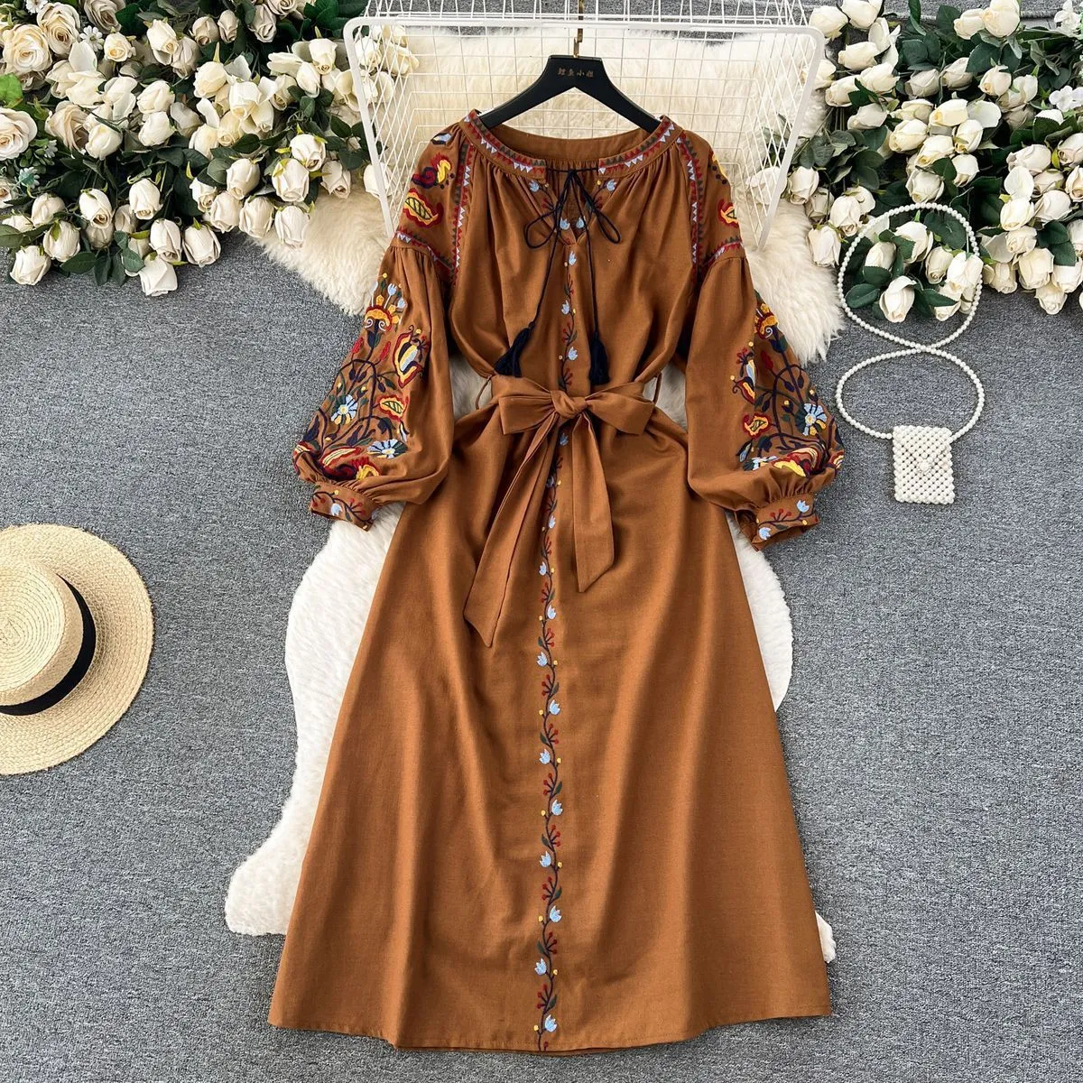princess polly baby blue dress Resort Floral Embroidered Smock Dress Maxi for Women - Elegant Black Party Gown with Stand Collar, Loose Belt, and Long Sleeves