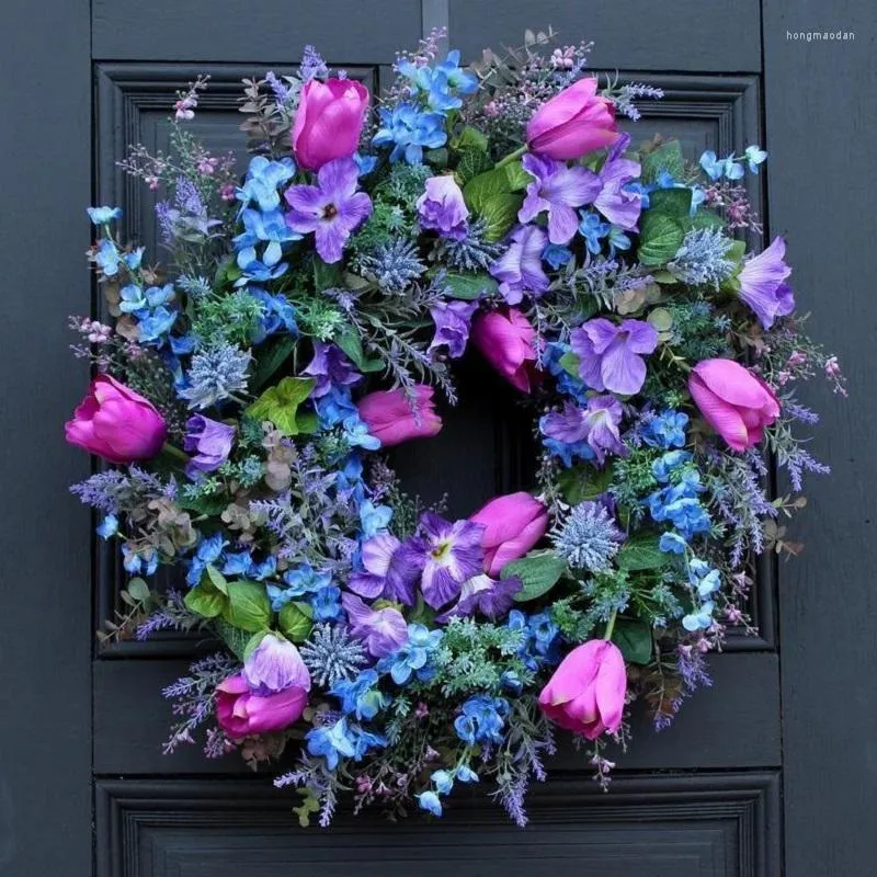 Декоративные цветы весенние венки для входной двери пурпурно -лавандовый цветочный венок и летняя стена на открытом воздухе дома 2023