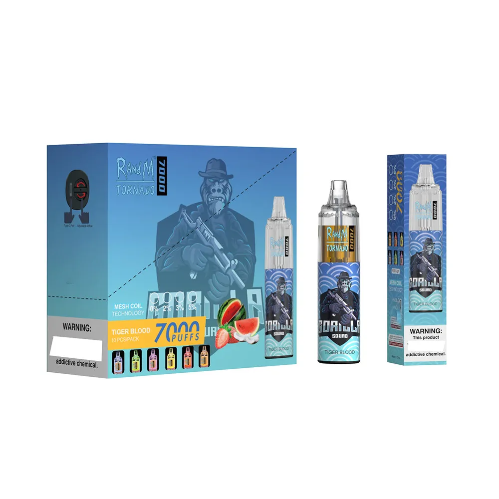 100% Randm Tornado 7000 Puff Disposable Vape Pen Electronic Cigarettes 14 ml POD Mesh Coil 6 Glowing Colors Rechargeble Air-justerbar enhet Puff 7000 Vape