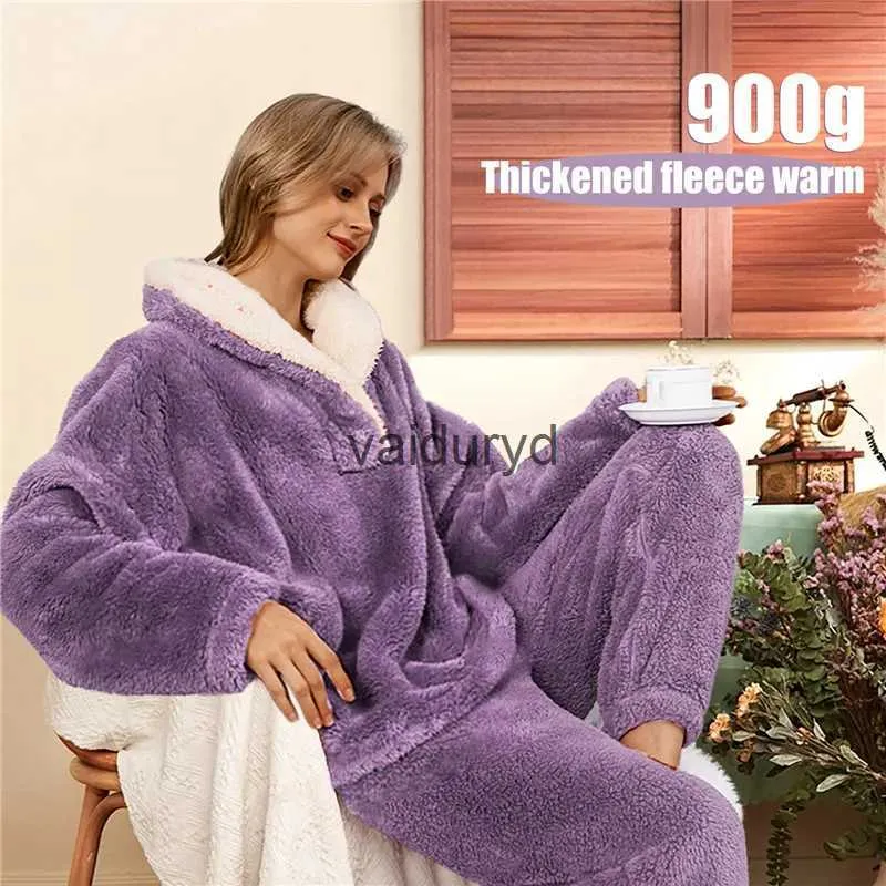 Abbigliamento per la casa Inverno Donna Freddo Tenere al caldo Pigiama Scollo a V Coral Fleece Set Donna Flanella termica Abbigliamento per la casa Pajamavaiduryd