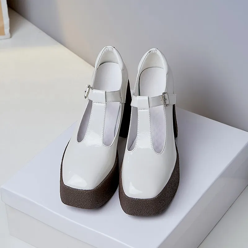 Czarne białe pompki platformowe T-Strap Patent skórzane grube buty na wysokim obcasie Burgundowe Chunky Mary Jane Parkside Block Pumps Kobiety