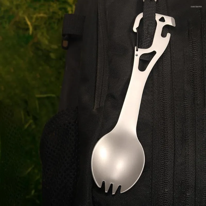 Dijkartikelen 5 in 1 buiten titanium lepel camping tafelgelei flesopener picknick diner spork vork voor reisbackpacking