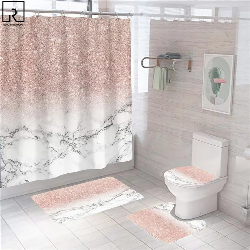 Rideaux de douche en marbre rose, décor brillant pour salle de bain, tissu Polyester, écran de bain décoratif, couverture de toilette, tapis, accessoires de WC