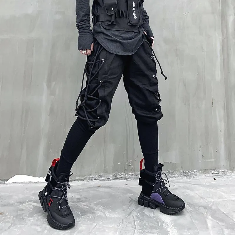 Calças laterais com cordão tecelagem techwear harem calças masculinas harajuku hip hop calças magras goth punk street joggers