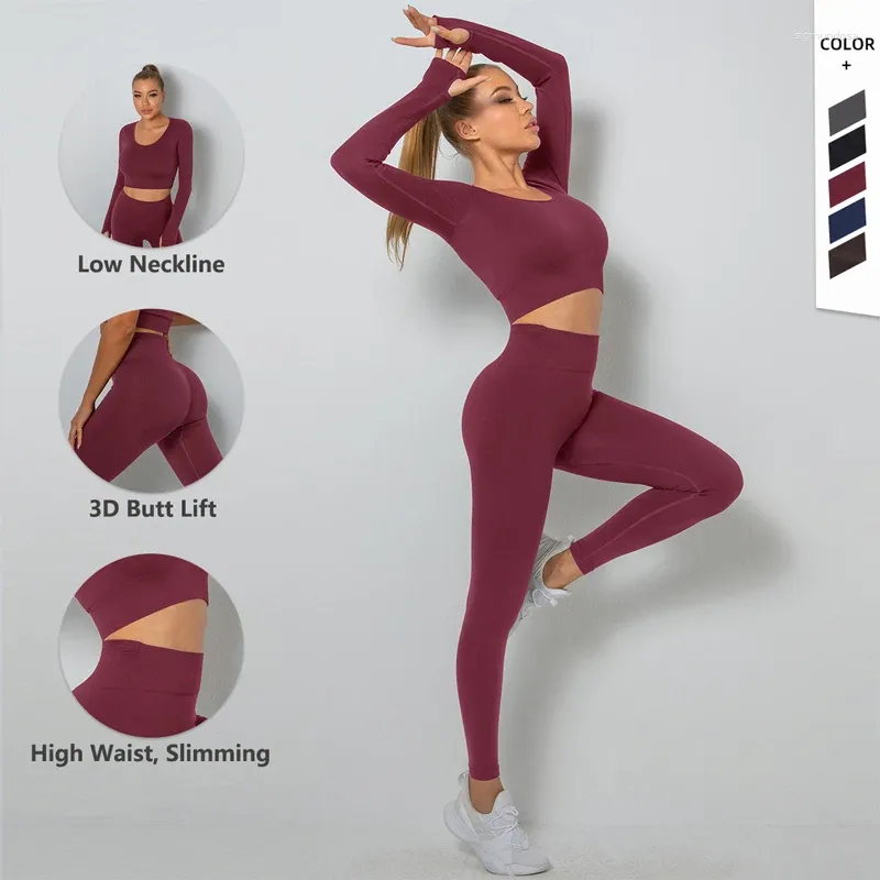 Actieve sets Naadloze dames yogaset Workout sportkleding Gymkleding Fitness Crop top met lange mouwen Hoge taille legging Sportpakken Wijnrood