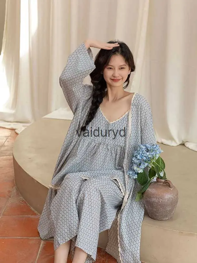 home clothing Women Spring Summer 3 Pcs Pajams Gown Set Female Sweet Geometric Printed Robe Top Pants Home Clothing Casual Loose Nightdressvaiduryd