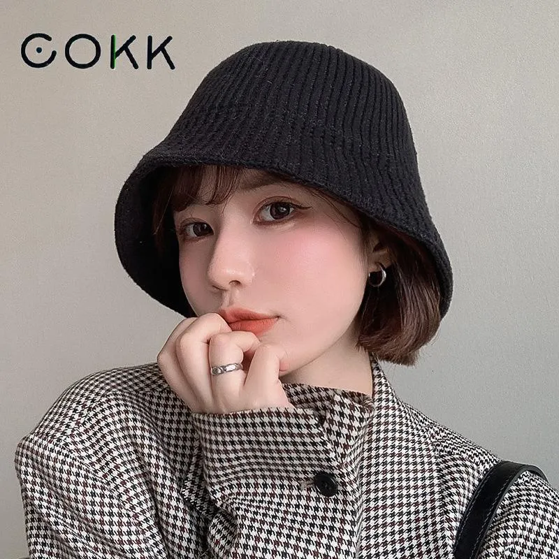 Stingy Brim Hats COKK Bucket Hat Women Winter Autumn Knitted Fisherman Cap Solid Color Simple Female Casual Korean Gorro 230427