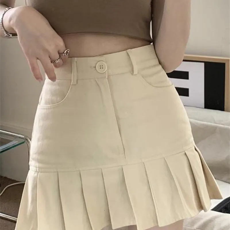 Kjolar houzhou koreanska söta veckade minikjol kvinnor sexig lapptäcke hög midja solid casual a-line denim kjol sommar kpop streetwear 230428