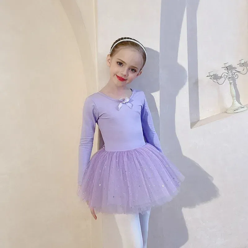 Dancewear – costume d'entraînement pour filles, robe de Ballet violette, costume de danse pour enfants, robe d'automne à manches longues en fil, 231127