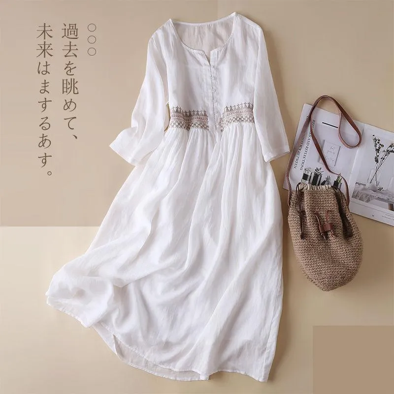 Robes Coton Lin Midi Robe Blanche Été Vêtements Pour Femmes Japonais Rétro Lin Broderie À La Main Coréenne Harajuku Robe Lâche Mode