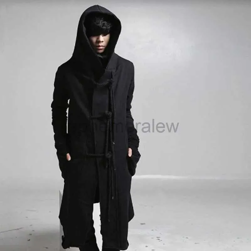 رجال الرجال للرجال Sweatshirts Winter Men Linen Rope Button Hip Hop Long Hoodie Gothic Hooded Cloak Nightclub DJ Singer Punk Rock Stage Fleece Hoodieszln231128