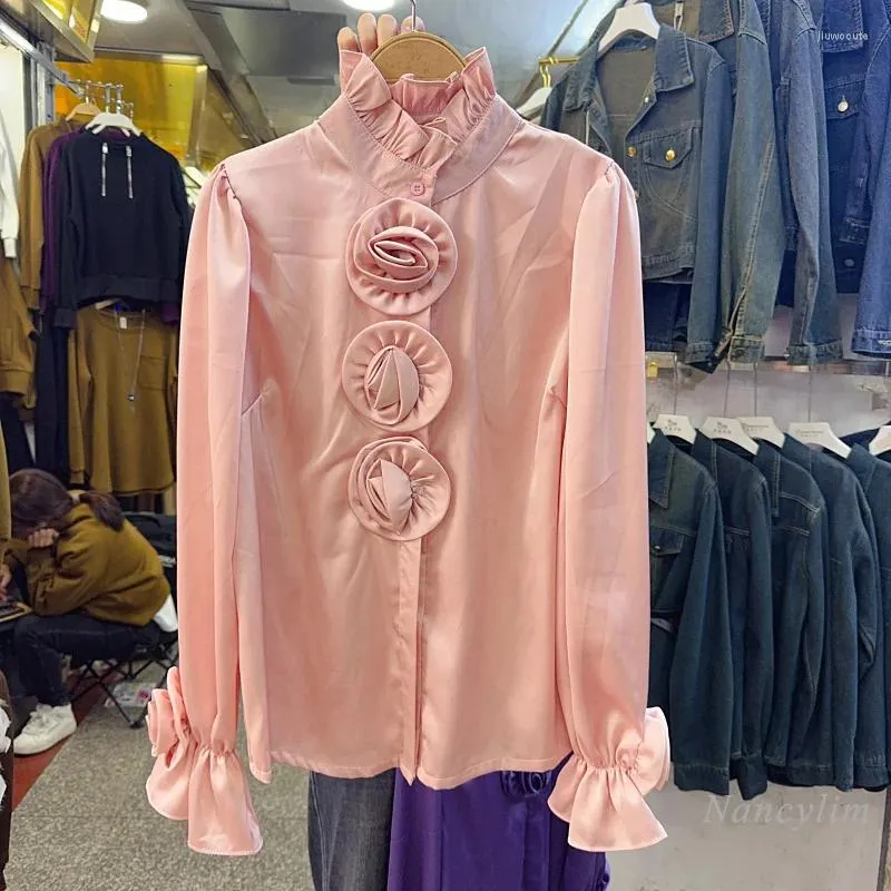 Blouses pour femmes 2024 printemps automne style français chemises à fleurs dame en trois dimensions fleur à volants col montant manches évasées chemisier haut