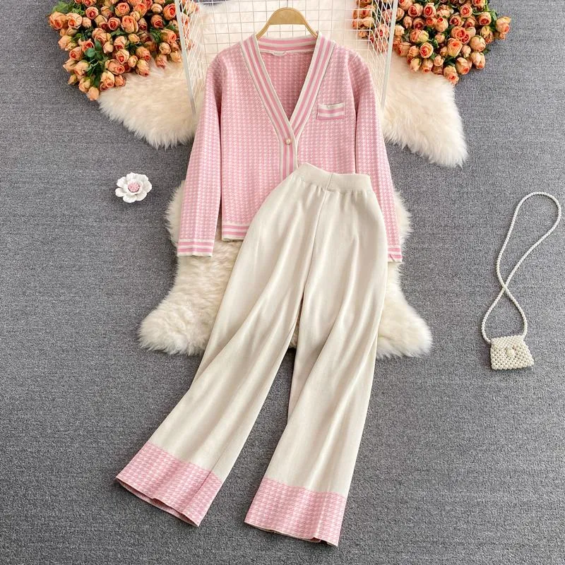 Suits SINGREINY Female Autumn Winter Print Knitted Set Casual Loose Knit Cardigan+High Waist Wide Leg Long Pants Two Piece Suits 2021