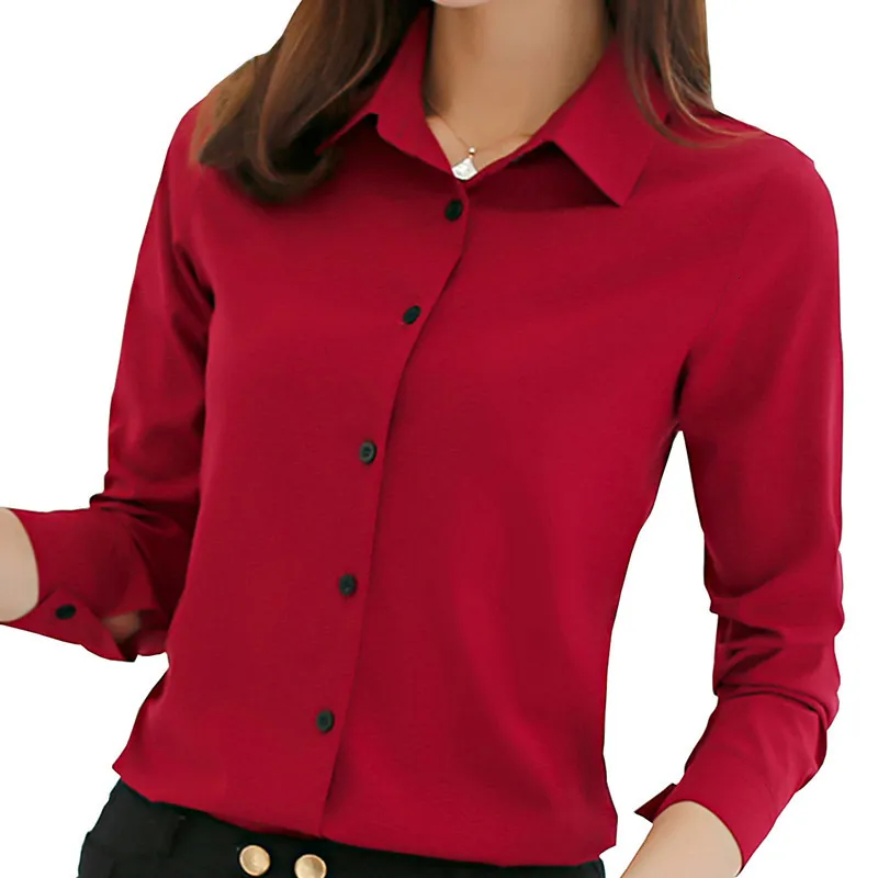 القمصان النسائية البلوزات قميص مكتب بلوزة النساء الصيف الخريف الأكمام الطويلة اللون الأبيض الوردي الأحمر البحرية العمل الأزرق ارتداء القمم الرسمية الكورية للملابس 230428
