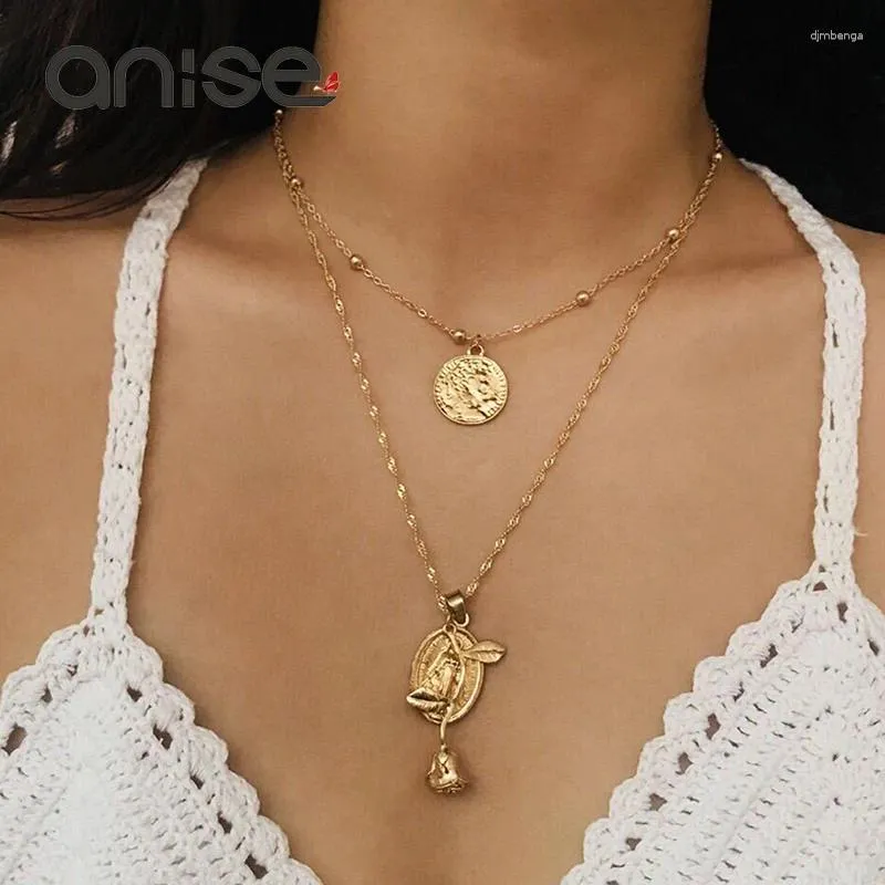 Naszyjniki wiszące anyż retro geometryczne koło monety choker naszyjnik wielowarstwowy kwiat róży Jezus długotrwały dla kobiet biżuteria collier