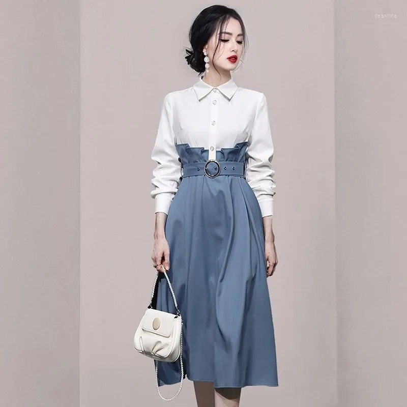 Casual Dresses Fashion Spring Lanter Sleeve Shirt Dress Runway Women Lapel Blue White Hit Color Ruffles High midje Office Lady Belt Midi