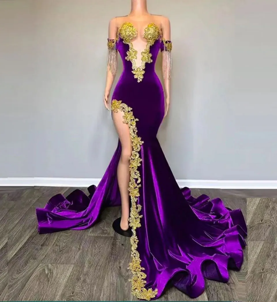 Stunning Purple Gold Lace Mermaid Purple Mermaid prom dress with Illusion Illusion, Crystal Beading, and Side Split - Plus Size Evening Gown (2024 Stunning Purple Gold Lace Mermaid Purple Mermaid prom dress with Illusion Illusion, Crystal Beading, and Side Split - Plus Size Evening Gown (2024