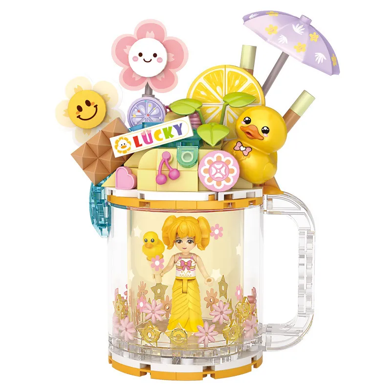 Rainbow Friend 235st Action Toy Figure Byggnadsblock Seaside Estival Milk Tea Cup Diy Toy Architecture Toy for Girl Model Build Kit Toy Lepin Brick Christmas Block