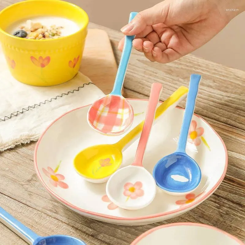 Dinnerware Sets Japanese Cute Ceramic Soup Spoon Long Handle Teaspoon Heat Resistant Hand Painted