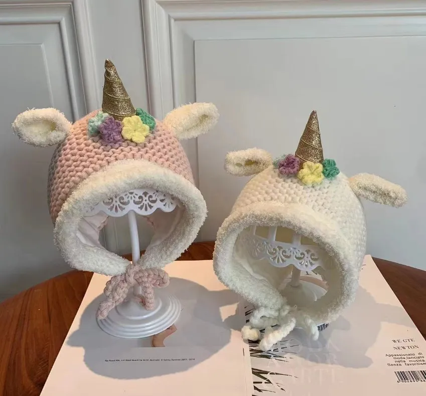 Enfant en bas âge enfants fleurs licorne chapeaux tricotés petits garçons filles stéréo peluche oreille bonnet automne hiver enfants polaire coupe-vent casquette chaude Z5630