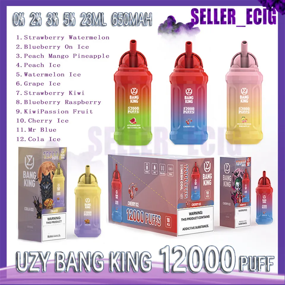 오리지널 Uzy Bang King 12000 퍼프 일회용 vape 펜 0.8ohm 메쉬 코일 23ml 사전 충전 포드 650mAh 충전식 배터리 E 담배 퍼프 12K 0% 2% 3% 5% 20 맛