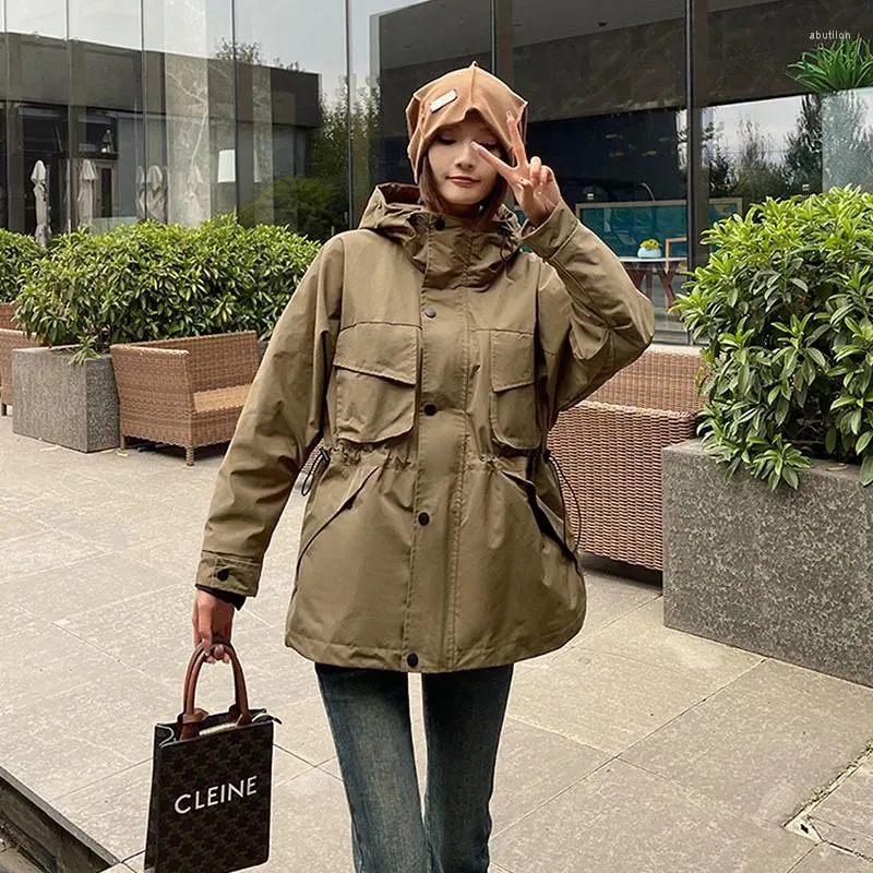 Vestes Femmes 2023 Automne Femmes Trench-Coat à capuche Lâche Cordon de serrage Taille Noir Beige Kaki-Vert Femme Vêtements de dessus à manches longues Casual