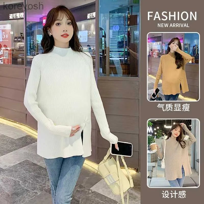 Maternity Tops Tees Autumn Winter Thick Warm Knitted Maternity Sweaters Side Splits Tight Bottoming Shirt Clothes for Pregnant Women Pregnancy TopsL231128