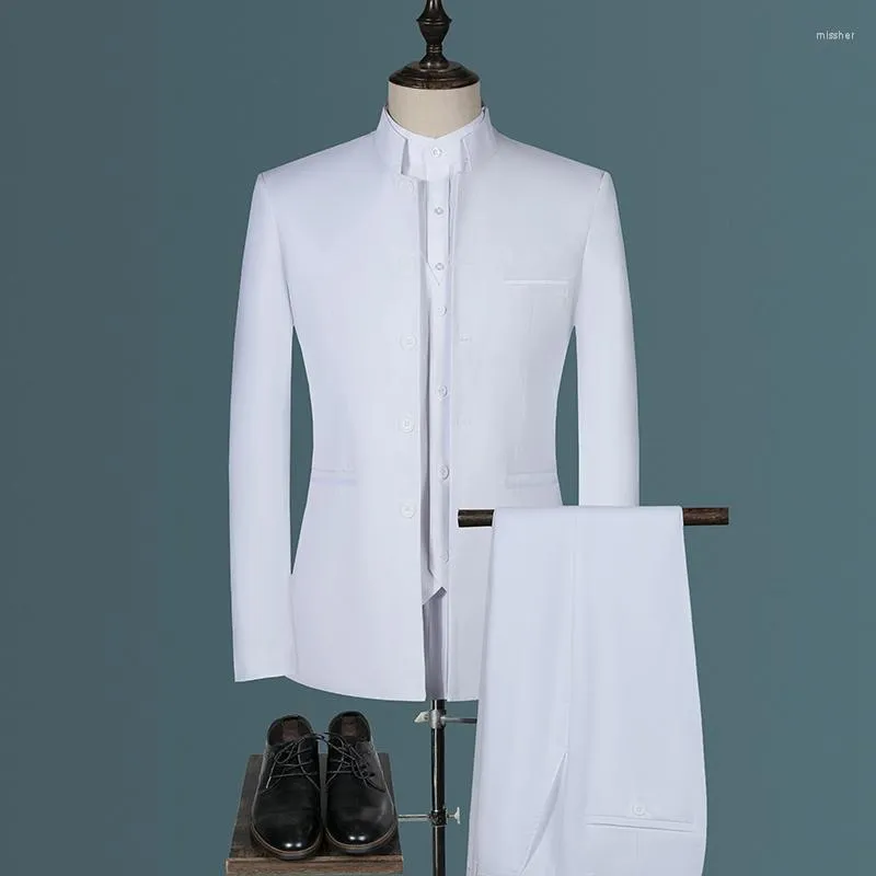Men's Suits Jacket Vest Pants Suit Three Piece Set / Men's Chinese Style Stand Collar Slim Fit Simple Solid Color Dress Blazer Coat