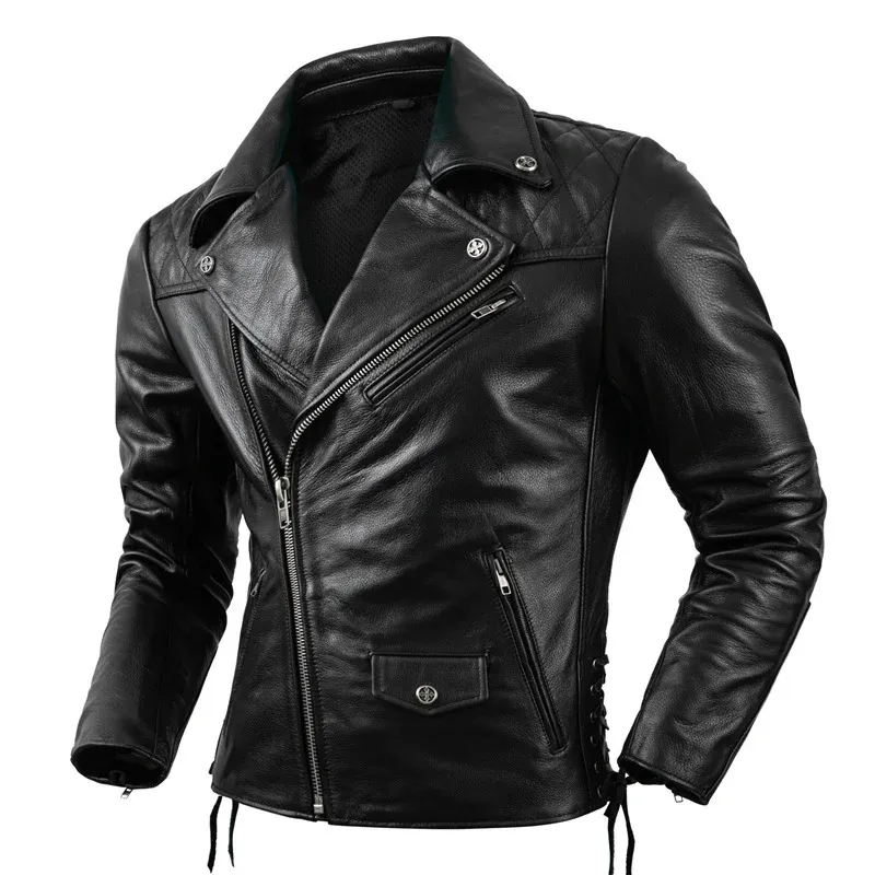 Men's Fur Faux Fur Men's Motorcycle Jacket Protectors Genuine Leather Clothes Natural Cowhide Oblique Zipper High Quality Coat Size S-5XL 231127