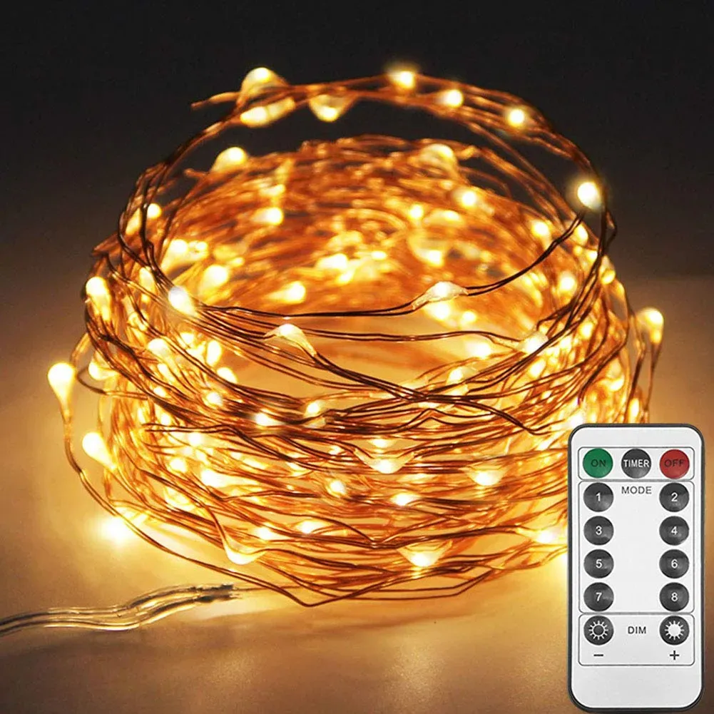 Guirnalda de luces de alambre de cobre multicolor 100LED de 33 pies, guirnalda de luces de hadas, 8 modos de luces LED alimentadas por USB con Control remoto