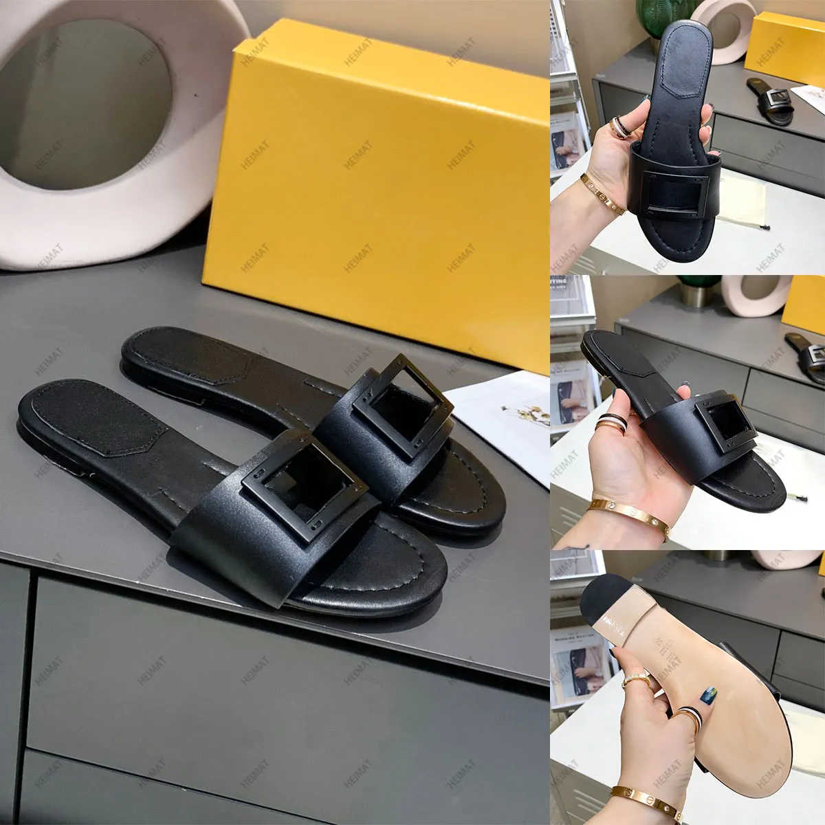 Designer Women Sandals Slippers Fashion Beach Flats Leather Material F metal material Logo Fashion Casual Shoes Beach Sandals with Box and Dust Bag 35-42