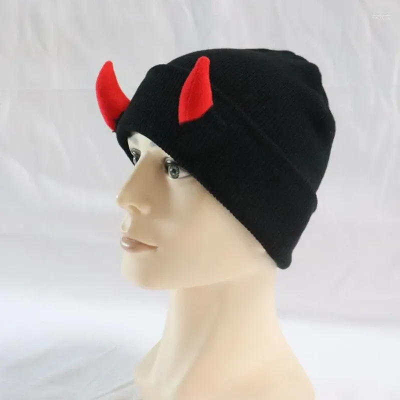 Berets novidade malha gorro para mulheres homens adultos gorros chapéu pulôver mal chifres unisex adereços de festa de halloween