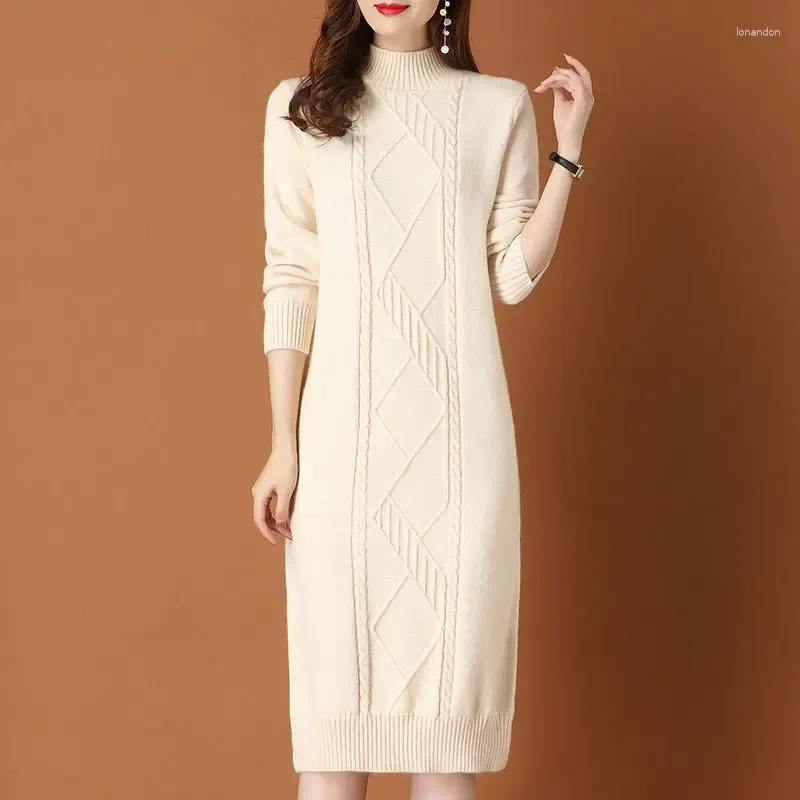 Casual Dresses Half High Neck Sweater Dress For Women Lazy Wind 2023 Autumn And Winter Knitwear Loose Warm Twists Bottoming Knitted Shirt